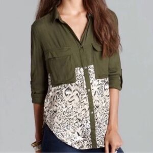 Free People Olive Green Button Down Tunic Leopard Print Shirt L